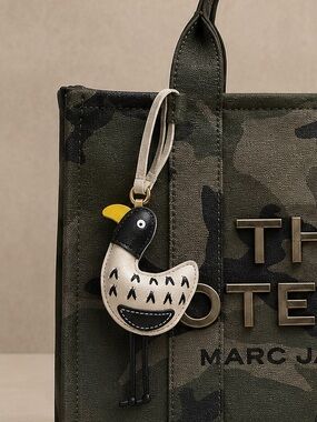 Whimsical Bird Faux Leather Bag Charm Keychain Black Cream